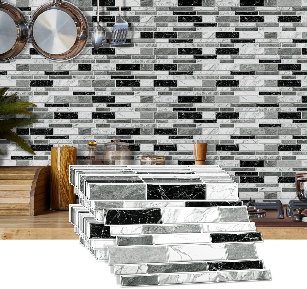 36 Sheets of Self Adhesive Marble Tile Wall Tiles Vinyl Sticker | 9.68 x 4.72in Water Resistant, Easy to Stick and Peel off, Suitable for DIY Decoration on Ceilings and Walls (Black)