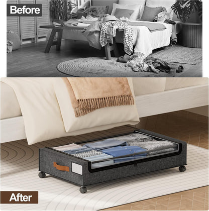 LAMU Under Bed Storage with Wheels, 2 Pack Under Bed Storage Containers with Clear Lid, XXL 60 L Underbed Storage Bins, Rolling Under Bed Metal Drawers for Clothes, Blankets, Shoes, Black