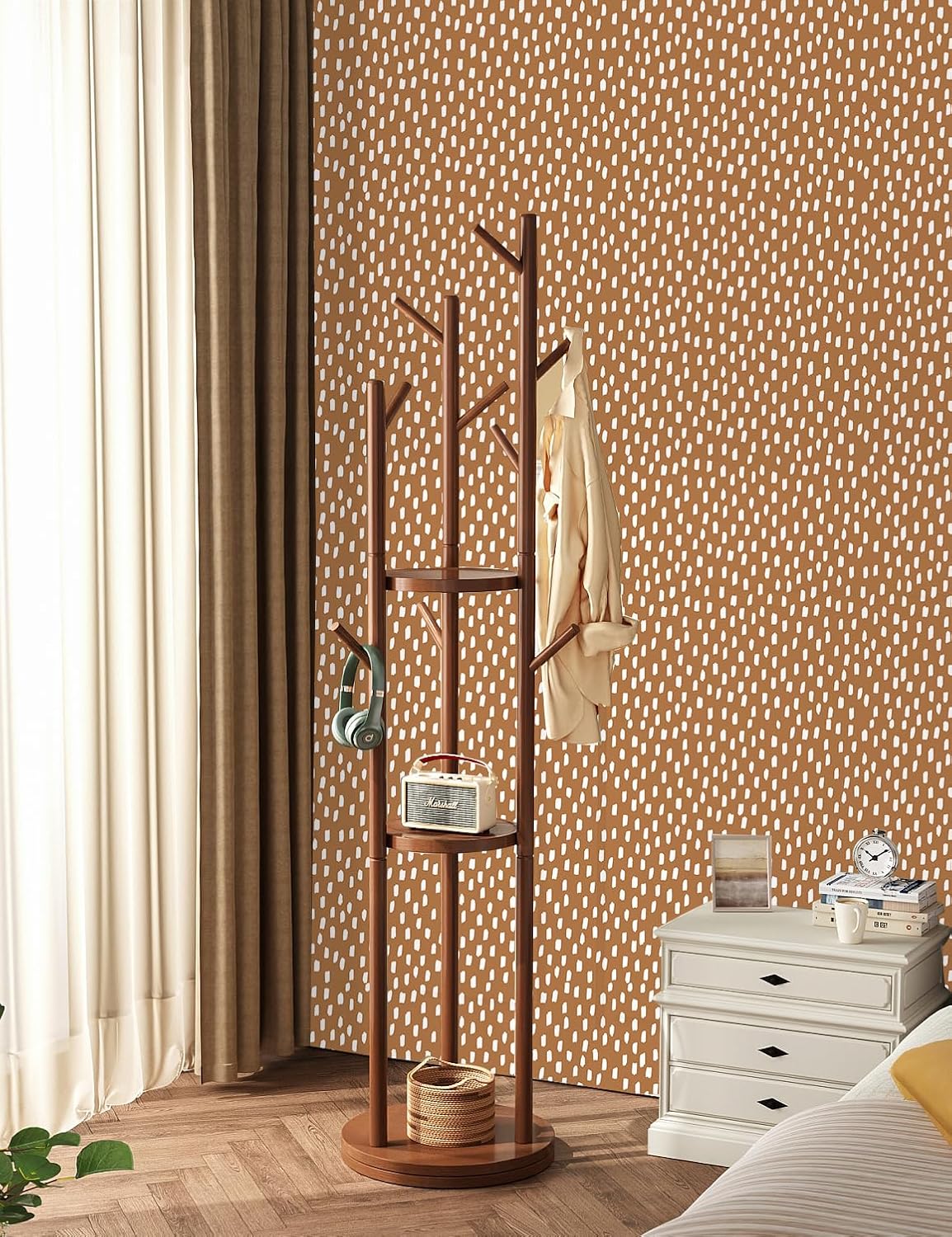 HAOKHOME Peel and Stick Wallpaper Boho Modern Dots Wall Paper Removable for Bathroom Caramel/White Contact Paper 17.3in x 9.8ft
