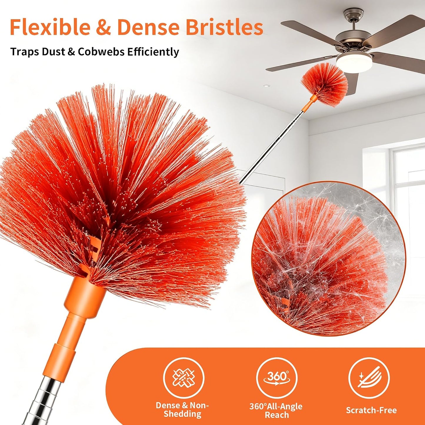 Cobweb Duster with Extension Pole, Upgraded Heavy Duty Thickened Stainless Steel Telescopic Handle for High Ceilings & Ceiling Fans, 90" Total Reach (15.7" Compact), Medium Stiff Bristles (Orange)