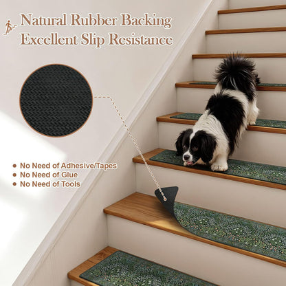 OJIA Floral Stair Treads Non-Slip Stair Runner for Wooden Steps Indoor 15PCS 30"x8" Carpet Stair Treads Stair Mats Staircase Step Treads for Kids, Elders and Dogs, Stair Covers, Black