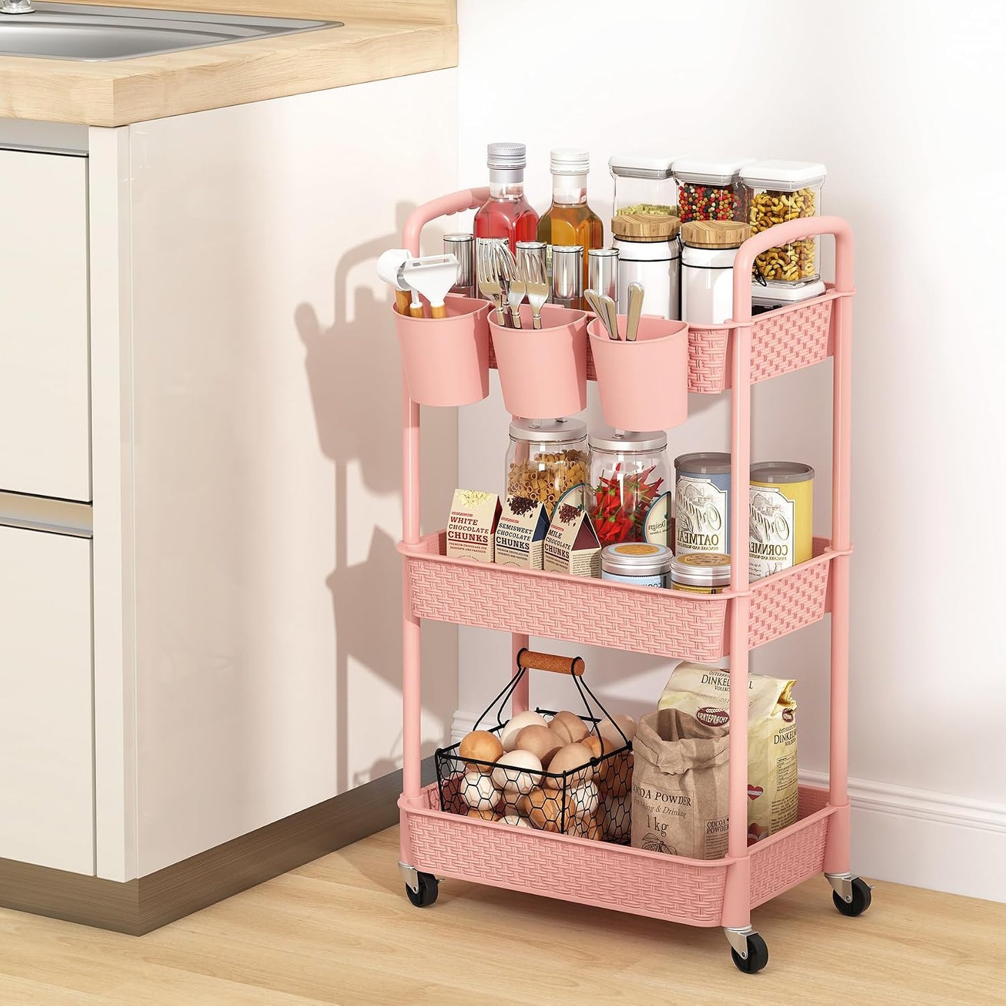 MOYIPIN 3-Tier Plastic Rolling Utility Cart with Handle,Utility Storage Cart for Office, Living Room, Kitchen,Movable Storage Organizer Shelves,White
