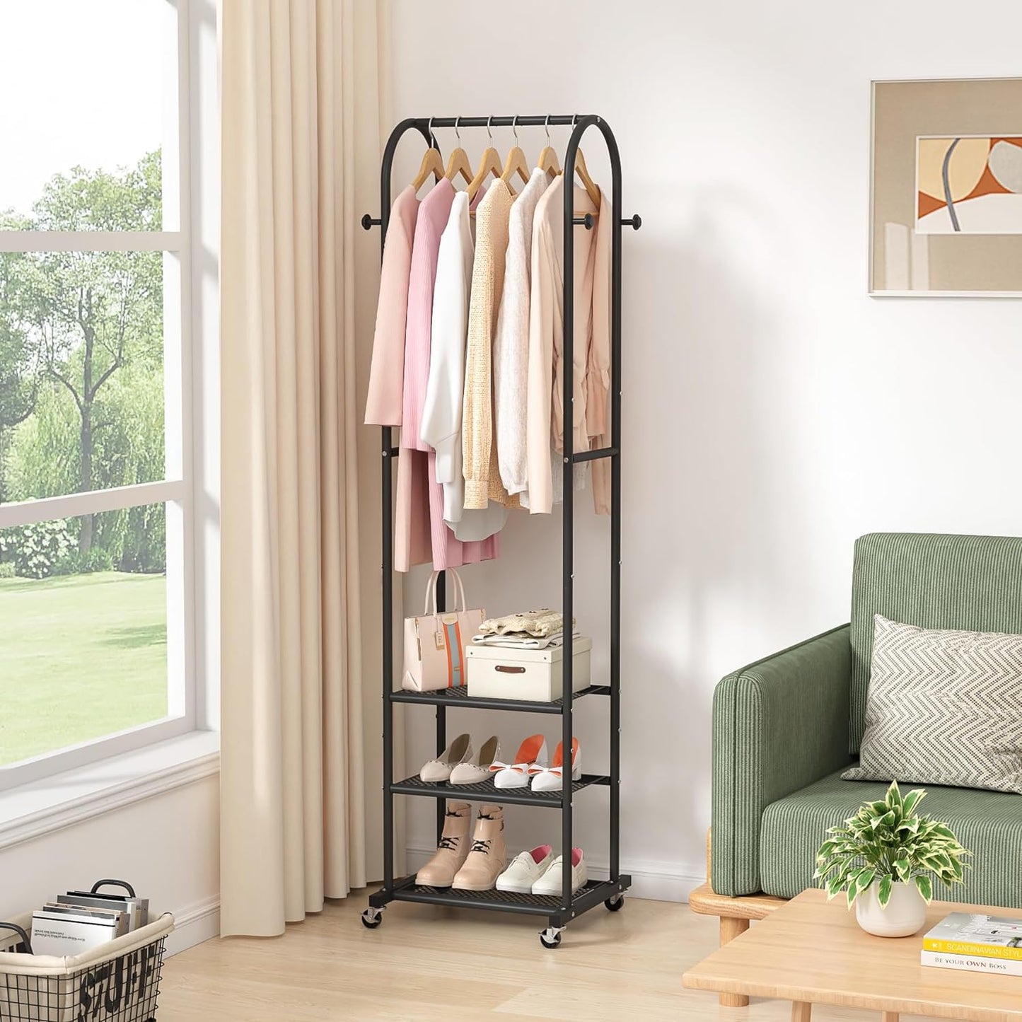 Kaitiemoo Heavy Duty Clothing Rack with Wheels,Modern Garment Rack with 3 Metal Shelves, 71.8Inches Display Rack for Hanging Clothes, Hanging Rod for Small Spaces,White