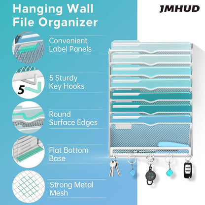 5 Tier Wall File Organizer - Hanging File Organizer with 5 Hooks, Mail Holder Wall Mounted for Papers, Folders, Magazines, Bills, Office&School Organization, Black