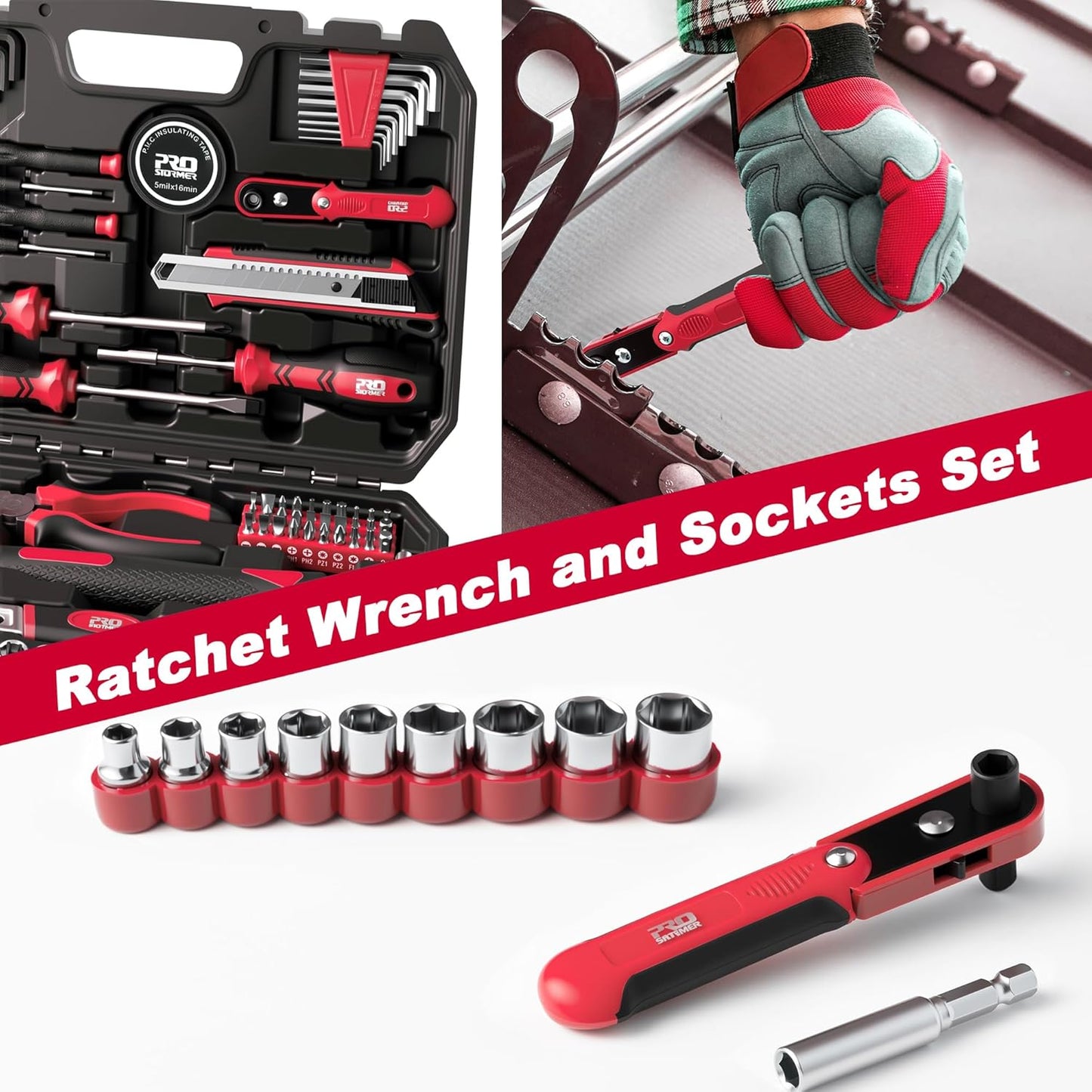 Prostormer 160-Piece Home Repair Tool Set, General Household Hand Tool Kit with Toolbox Storage Case for House, Garage, College Dorm and Office (Red)