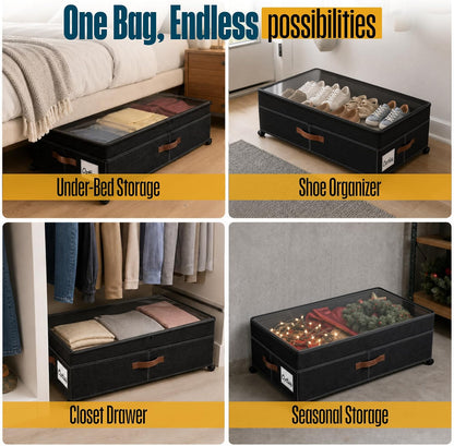 Under Bed Storage Organizer with Wheels, Rolling Under Bed Storage Containers with Clear Lid, Dual Zippers, Handles, Storage for Clothes, Shoes, Blankets, Toys,2-pcs Under Bed Drawers-Black