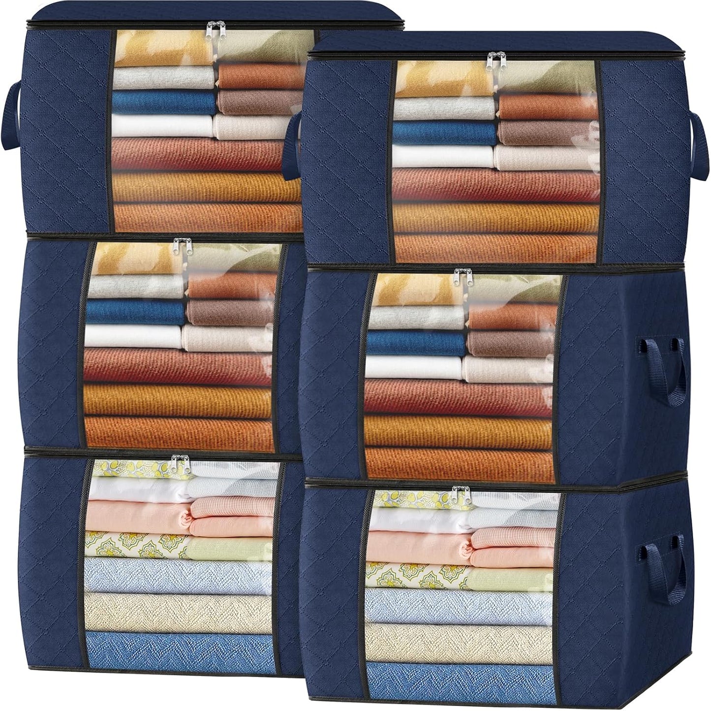 Fab totes 6 Pack Storage Bags for Clothes and Blanket, Foldable Closet Organizers and Storage with Zippers, Clear Window and Handles, Fabric Storage Bins for Sweater, Comforter, Bedding,Linen Sheets