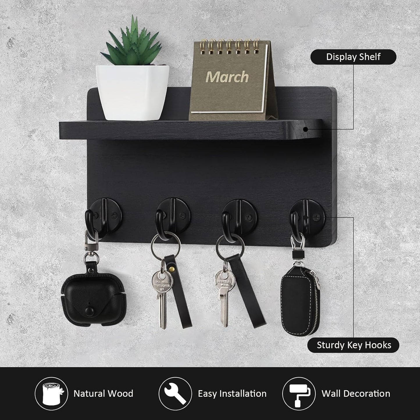 Nekon Key Holder Wall Mount, 8.5 Inch Small Home Decor Wooden Wall Organizer with 4 Hooks and Shelf, Wall Decor for Living Room Entryway Kitchen (Brown)