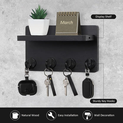 Nekon Key Holder Wall Mount, 8.5 Inch Small Home Decor Wooden Wall Organizer with 4 Hooks and Shelf, Wall Decor for Living Room Entryway Kitchen (Brown)
