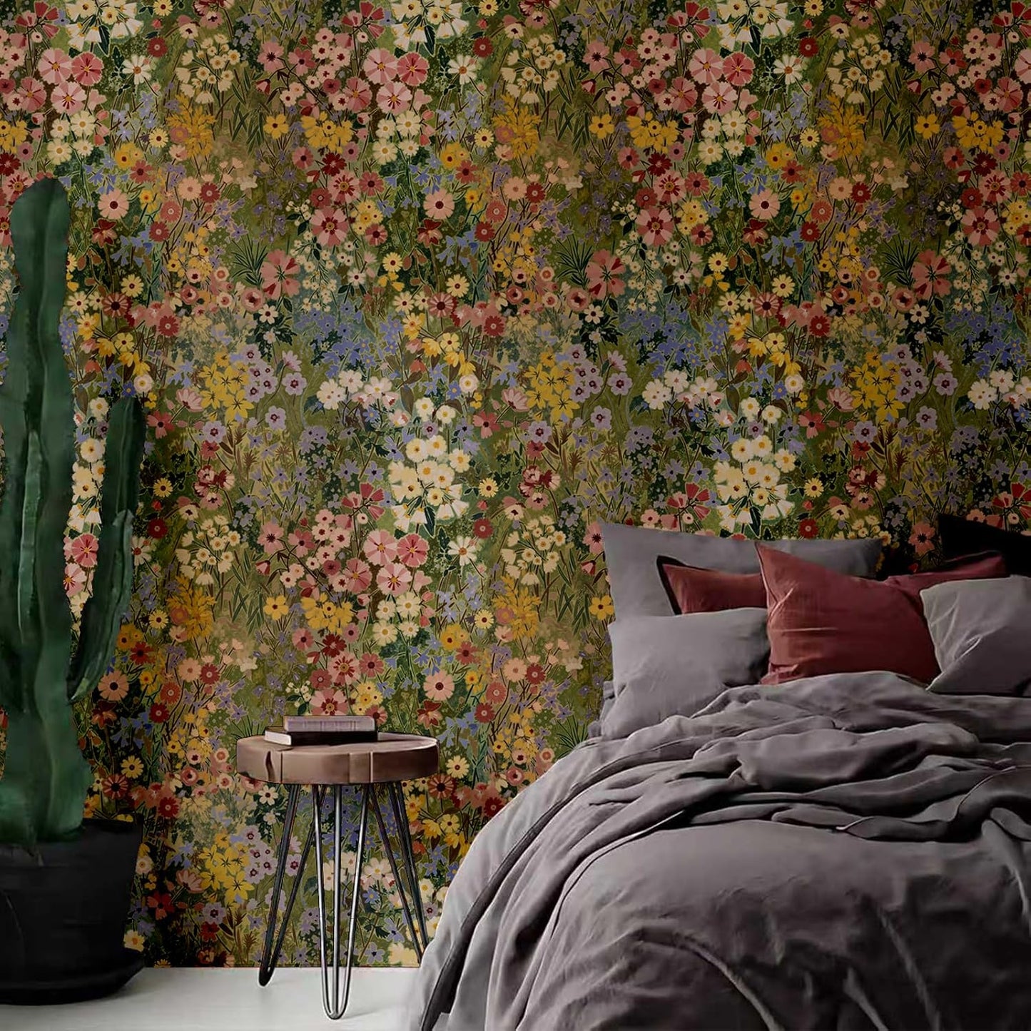 Floral Wallpaper Peel and Stick Boho Wall Paper Removable Waterproof Green Petal Pattern Contact Paper for Bedroom, Bathroom, Home Wall 17.3" x 118"
