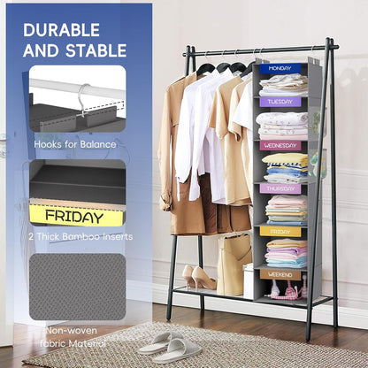 Weekly Hanging Closet Organizer for Kids, 6-Shelf Clothes Storage with Labeled Days of The Week Monday Through Friday, Weekday and Weekend, Days of The Week Clothes Organizer