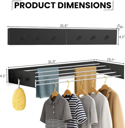 Wall Mounted Drying Racks for Laundry (31.5 Inches Wide) – Retractable Clothes Drying Rack wall Mounted with Carbon Steel Panel 6 Knobs & 5 Aluminium rods, Wall Drying Rack with Screws (Black)