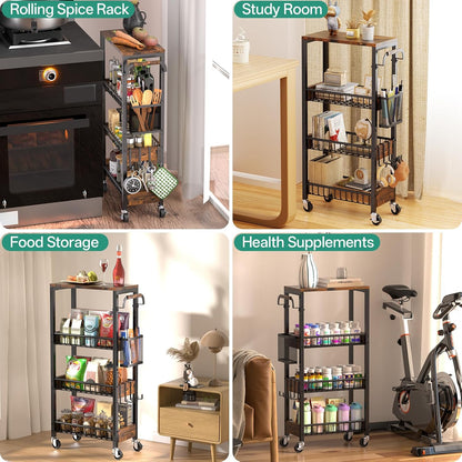 DTUQYX Slim Bathroom Storage Cart, 4 Tier Small Rolling Organizer Cabinet with Wood Top Handle, Mobile Shelving Unit Slide Out for Office, Kitchen, Laundry Room & Narrow Places (9.1" W Metal Basket)