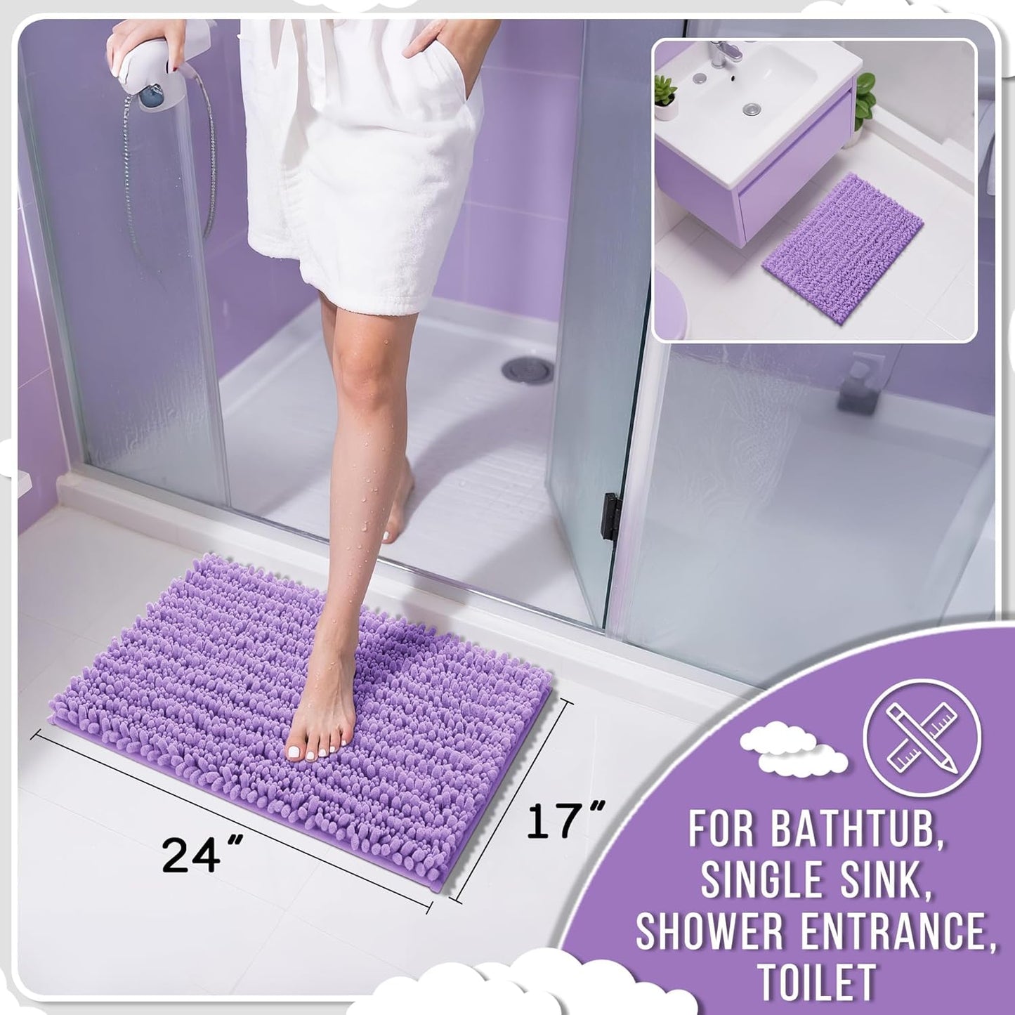 Yimobra Bathroom Rugs Non Slip Washable - Ultra Soft Absorbent Chenille Bath Mat, Quick Dry Shaggy Floor Carpet for Tub Shower, Gray Home Decor Accessories, 24x17 Inch