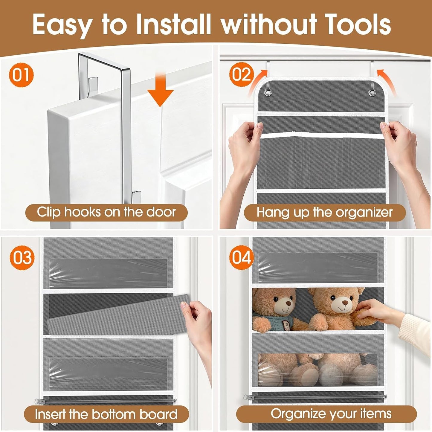 WISELIFE Over The Door Organizer Storage with 4 Large Pockets Door Hanging Organizer with Clear Windows behind The Door Storage for Nursery Bedroom Bathroom Pantry Closet and Baby Essentials Dark Grey