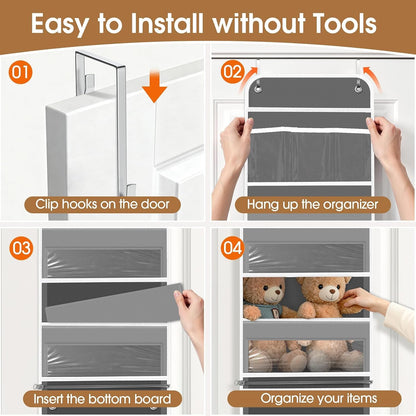 WISELIFE Over The Door Organizer Storage with 4 Large Pockets Door Hanging Organizer with Clear Windows behind The Door Storage for Nursery Bedroom Bathroom Pantry Closet and Baby Essentials Dark Grey