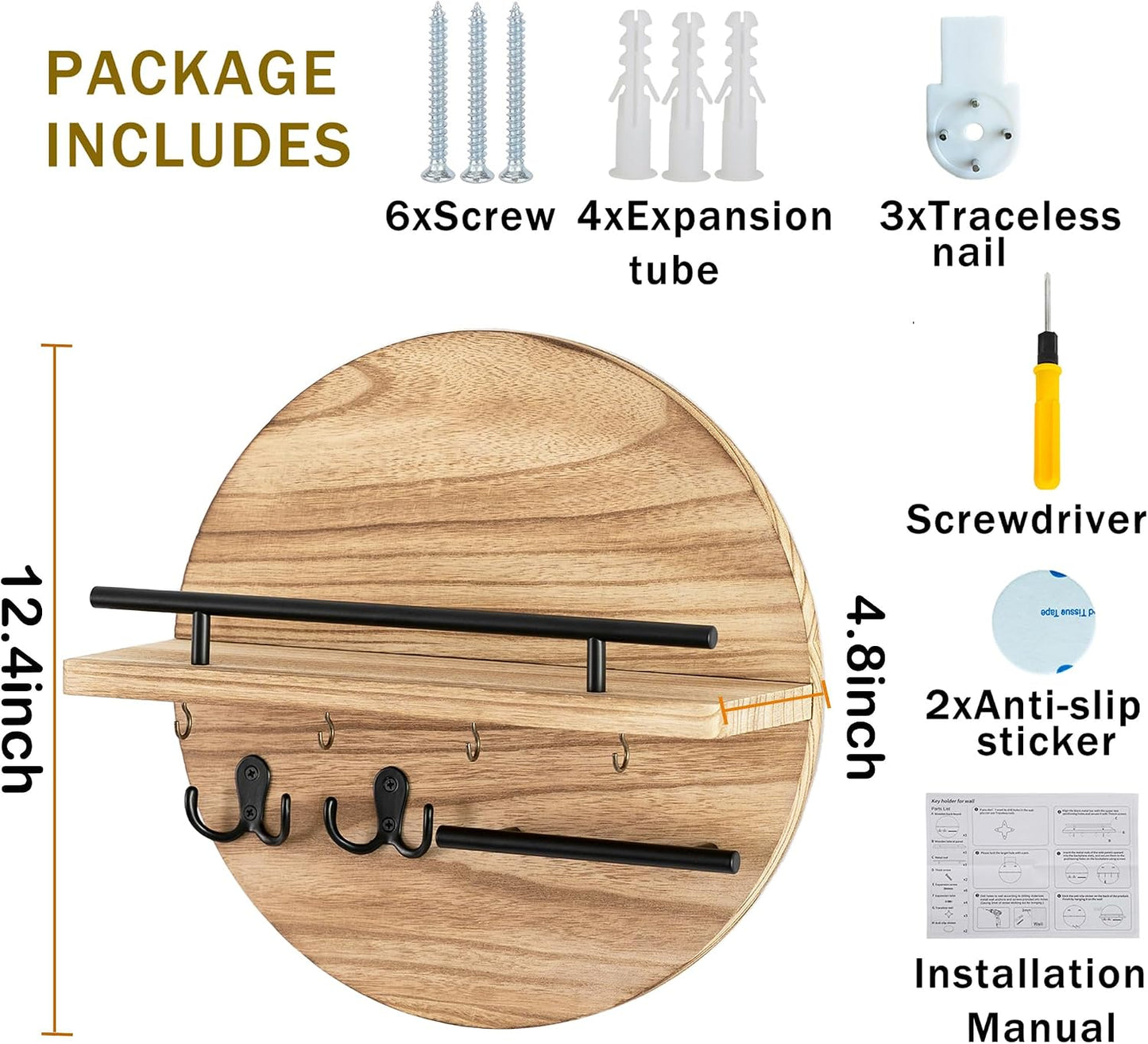 dreampossible Key Holder for Wall Decorative with Shelf and Hooks, Mail Organizer Wall Mount, Circular Design Entryway Key Rack Hanger, Rustic Home Decor (Black)
