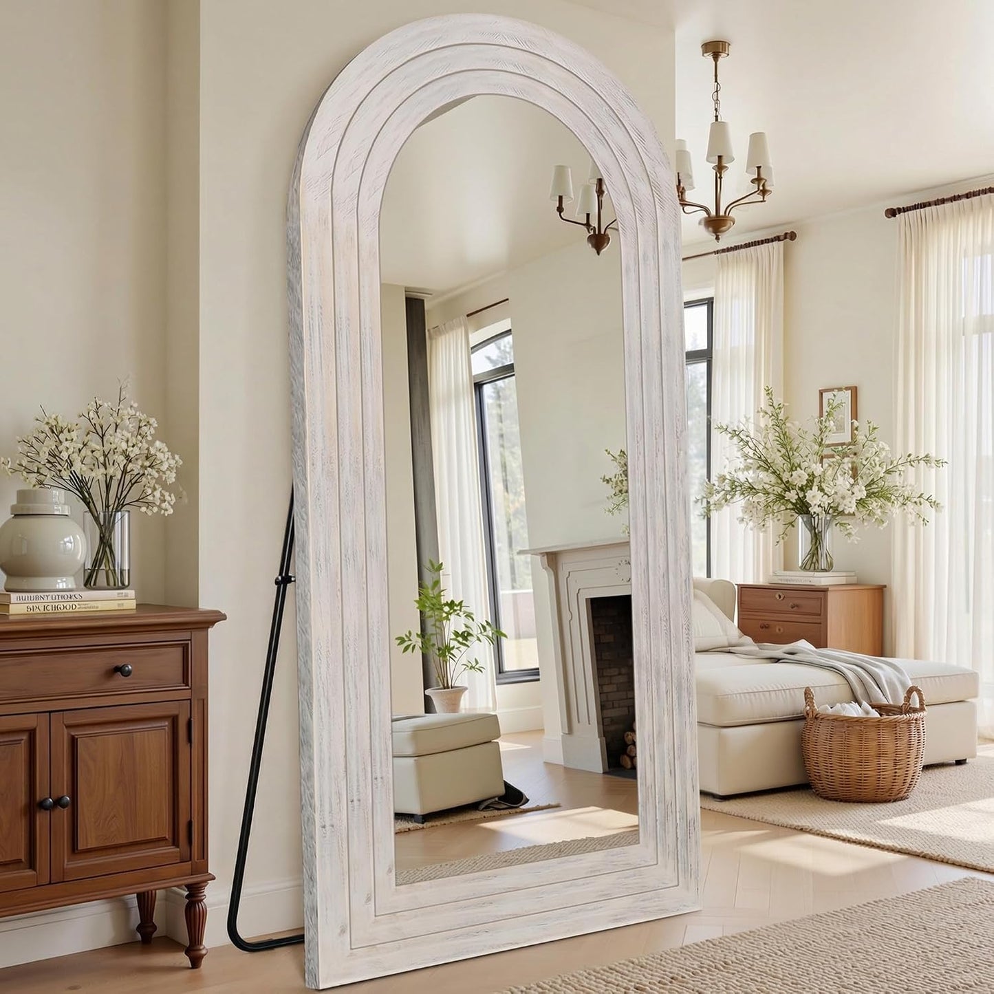 Antok Full Length Mirror with Solid Wood Frame, 71"×32" Wall Mounted Oversized Floor Mirror with Stand, Leaning Standing Hanging for Bedroom Living Room Entryway, Walnut, Arched Syle