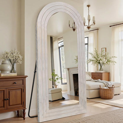 Antok Full Length Mirror with Solid Wood Frame, 71"×32" Wall Mounted Oversized Floor Mirror with Stand, Leaning Standing Hanging for Bedroom Living Room Entryway, Walnut, Arched Syle