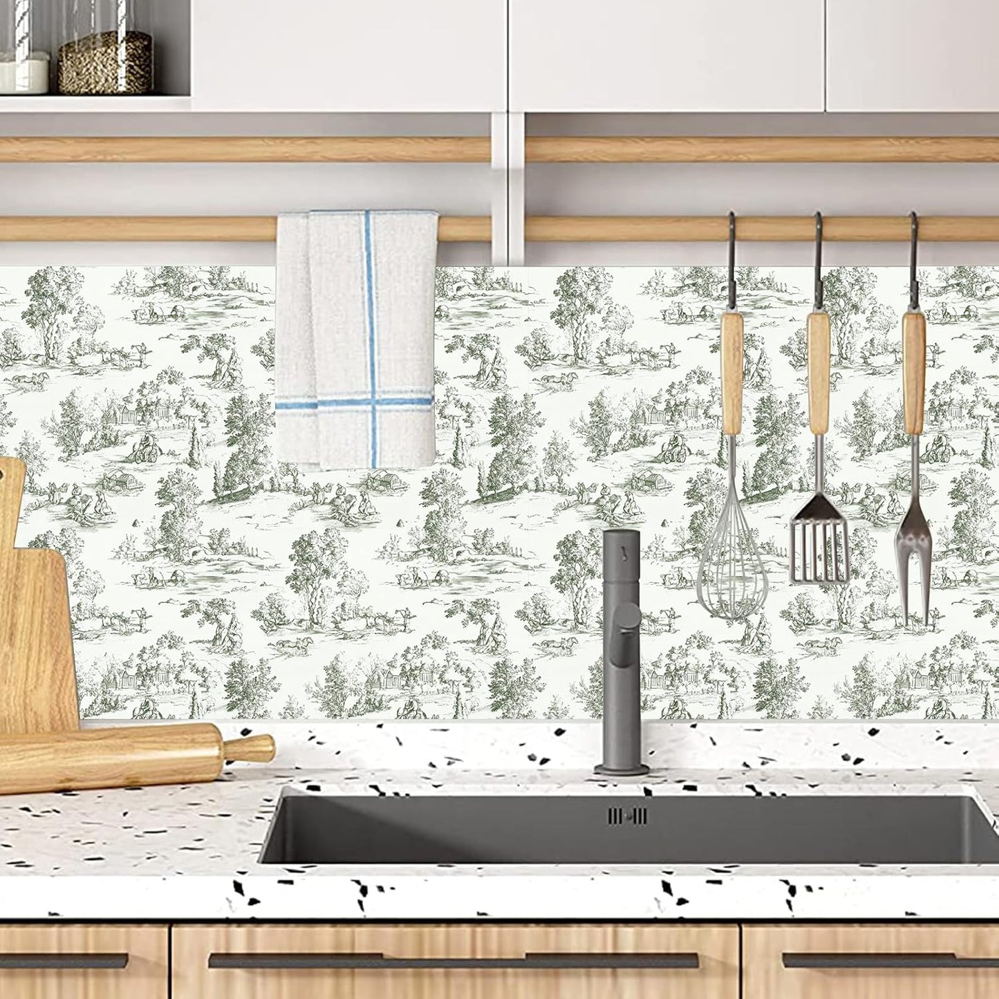 Peel and Stick Wallpaper, Self - Adhesive Removable Vintage Pastoral Landscape Pattern, PVC Contact Paper for Bedroom/Living Room/Kitchen/Bathroom/Cabinet, Renter Friendly