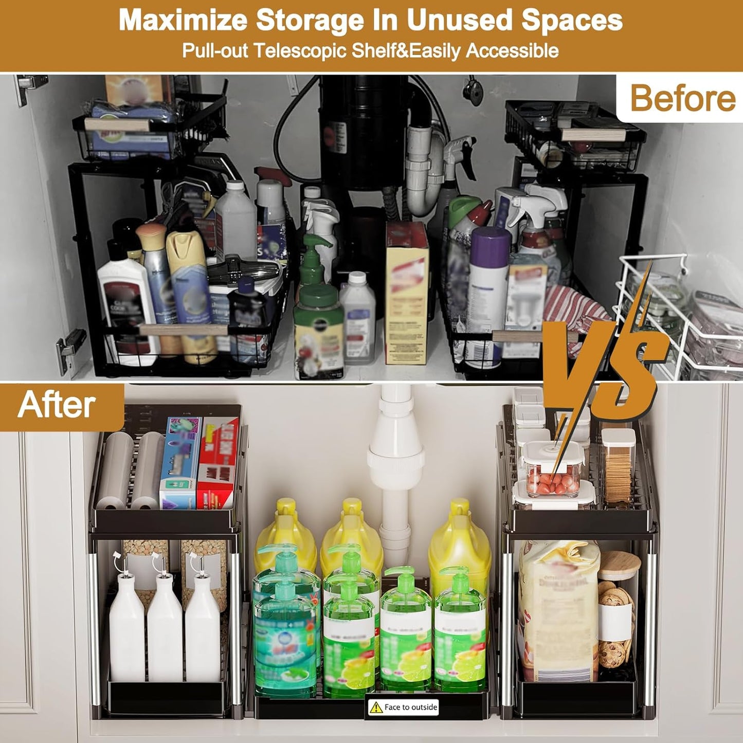 NIUXX Expandable Under Sink Organizer: 2 Tier Height Adjustable Under Cabinet Organizer - Double Pull Out Shelf Under Sink Storage for Kitchen - Bathroom and Laundry Room - Space Saving