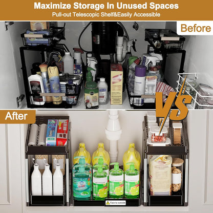 NIUXX Expandable Under Sink Organizer: 2 Tier Height Adjustable Under Cabinet Organizer - Double Pull Out Shelf Under Sink Storage for Kitchen - Bathroom and Laundry Room - Space Saving
