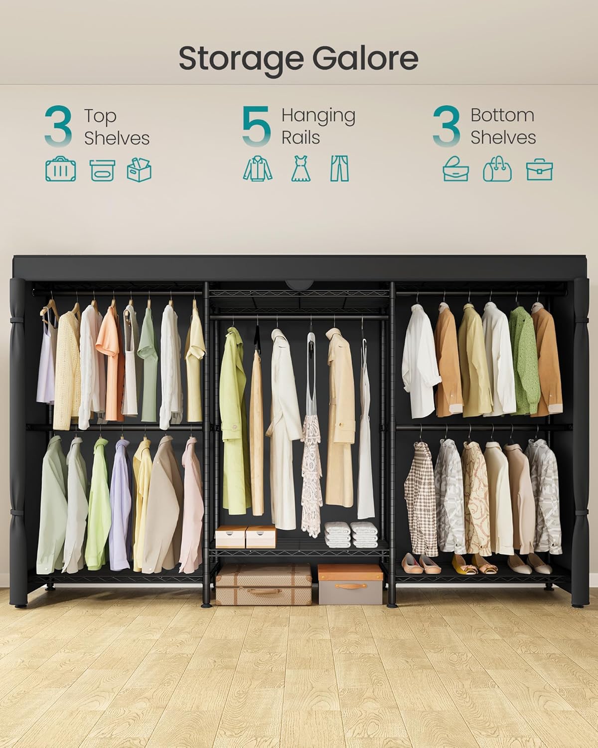 SONGMICS Heavy-Duty Clothes Rack, Garment Rack, Portable Closet, 68.7-Inch Wide Clothing Rack with Adjustable Mesh Shelves and Hanging Rails, Ink Black ULGR433B01
