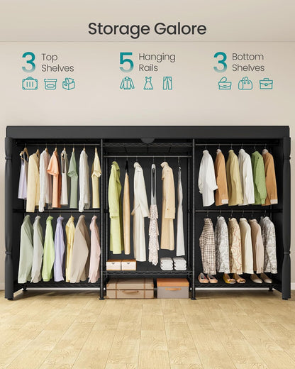 SONGMICS Heavy-Duty Clothes Rack, Garment Rack, Portable Closet, 68.7-Inch Wide Clothing Rack with Adjustable Mesh Shelves and Hanging Rails, Ink Black ULGR433B01