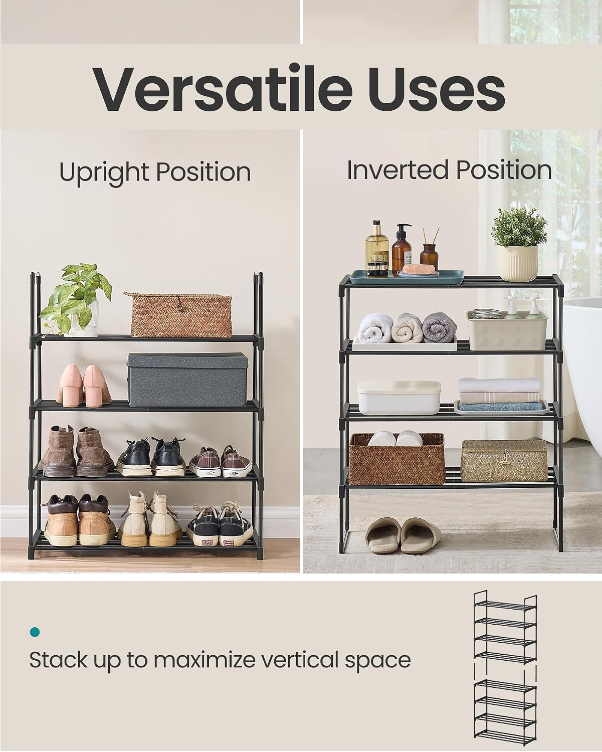 SONGMICS Shoe Rack, 6-Tier Shoe Organizer, Metal Storage Shelf, Upright or Upside Down, for 24-30 Pairs, Stackable, for Entryway, 11.8 x 36.2 x 42.7 Inches, Black ULSA306BH01