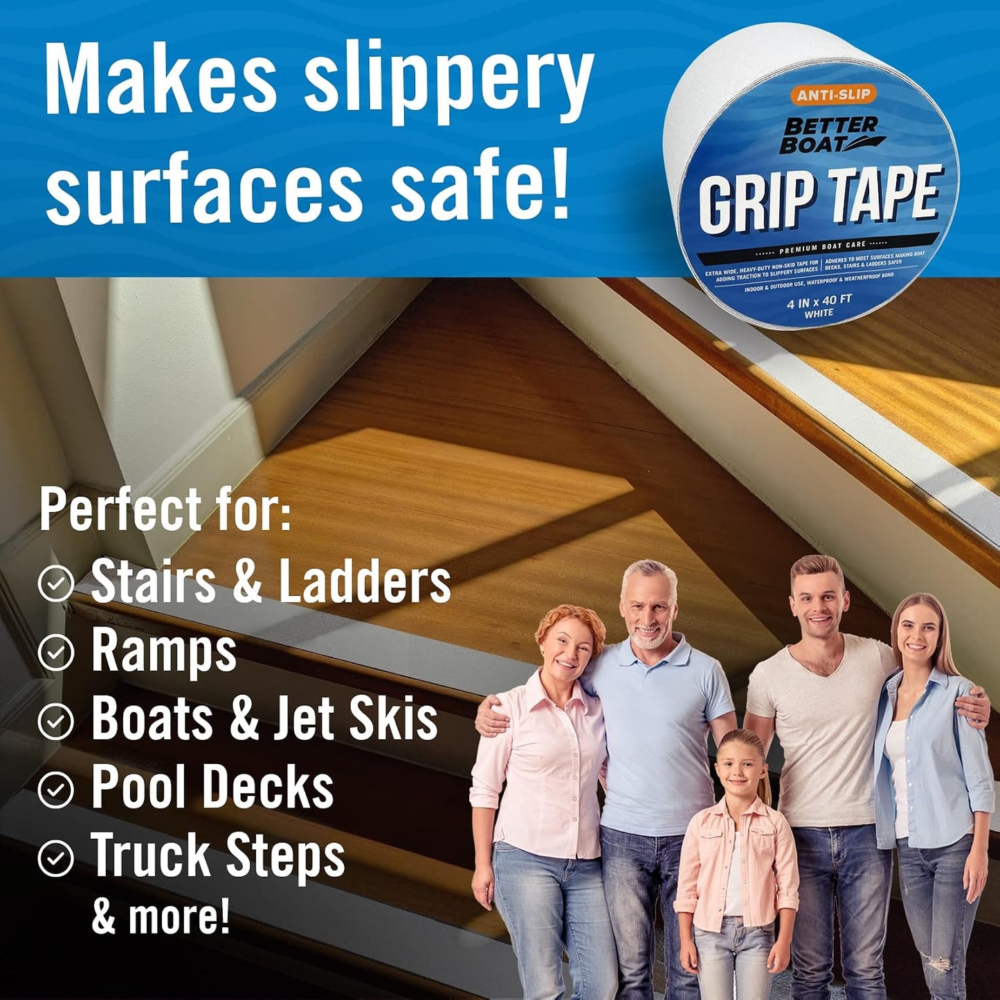 Better Boat Anti Slip Tape for Outdoor Stair Treads, Non-Skid Grip for Stairs and Steps, 4" x 40ft Roll, Clear Waterproof Traction, Weather-Resistant Friction Floor Tread for Dogs and Steps