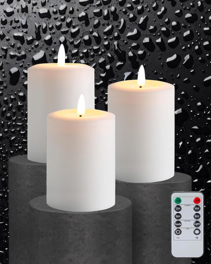 Gmnee 3"x4" Flickering Flameless Candles with Remote Timer, Real Wax, Ivory Pillar Candles, Set of 3 Fake LED Battery Operated Candles for Home, Fireplace, Centerpiece, Rustic and Farmhouse Decor