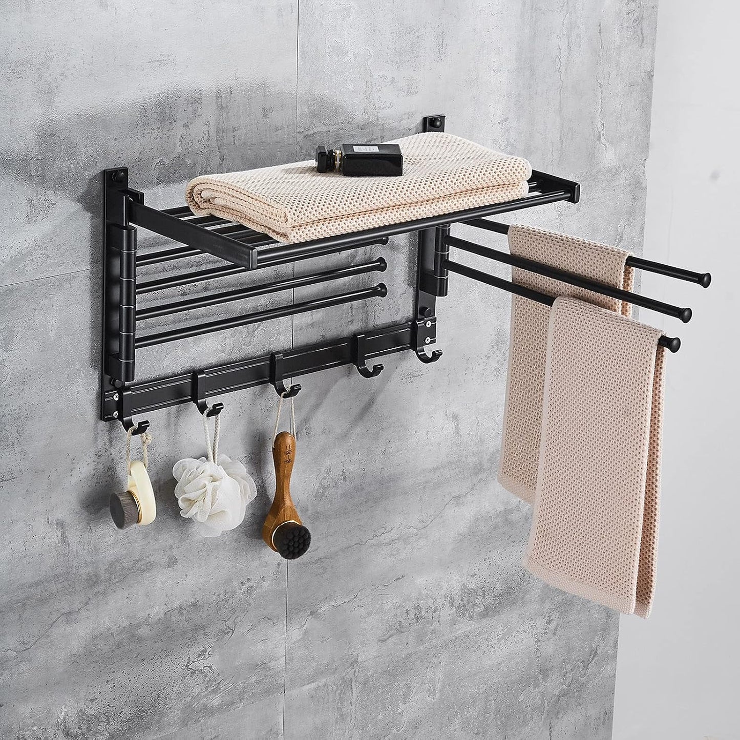 Laundry Clothes Drying Rack, Wall Mounted Swivel Towel Rack with Hooks and Swing Arms, Space Saver in Laundry Room and Bathroom, Space Aluminum