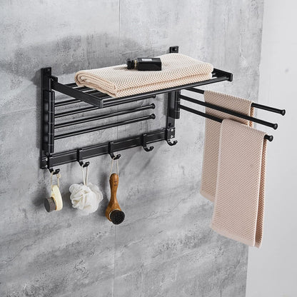Laundry Clothes Drying Rack, Wall Mounted Swivel Towel Rack with Hooks and Swing Arms, Space Saver in Laundry Room and Bathroom, Space Aluminum