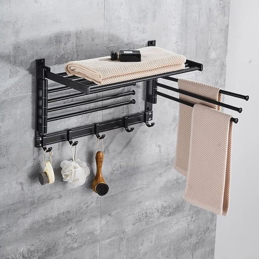 Laundry Clothes Drying Rack, Wall Mounted Swivel Towel Rack with Hooks and Swing Arms, Space Saver in Laundry Room and Bathroom, Space Aluminum