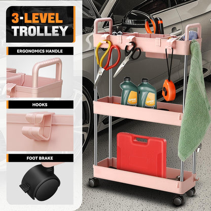 Auto Dynasty 3 Tier Slim Rolling Cart with Handle, Multifunction Utility Storage Rolling Cart, Movable Storage Organizer with Wheels for Office, Bathroom, Kitchen, Narrow Places (White)
