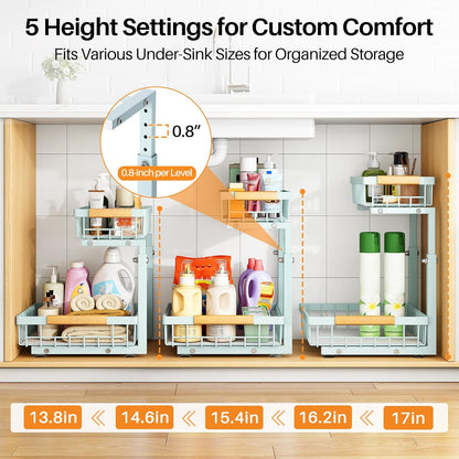 PXRACK Under Sink Organizer, Adjustable Height, 2 Tier Pull Out Under Cabinet Organizer, Slide Out Thickened Metal Under Sink Storage for Kitchen Bathroom Laundry Pantry Cabinet, White, Large-1-Pack