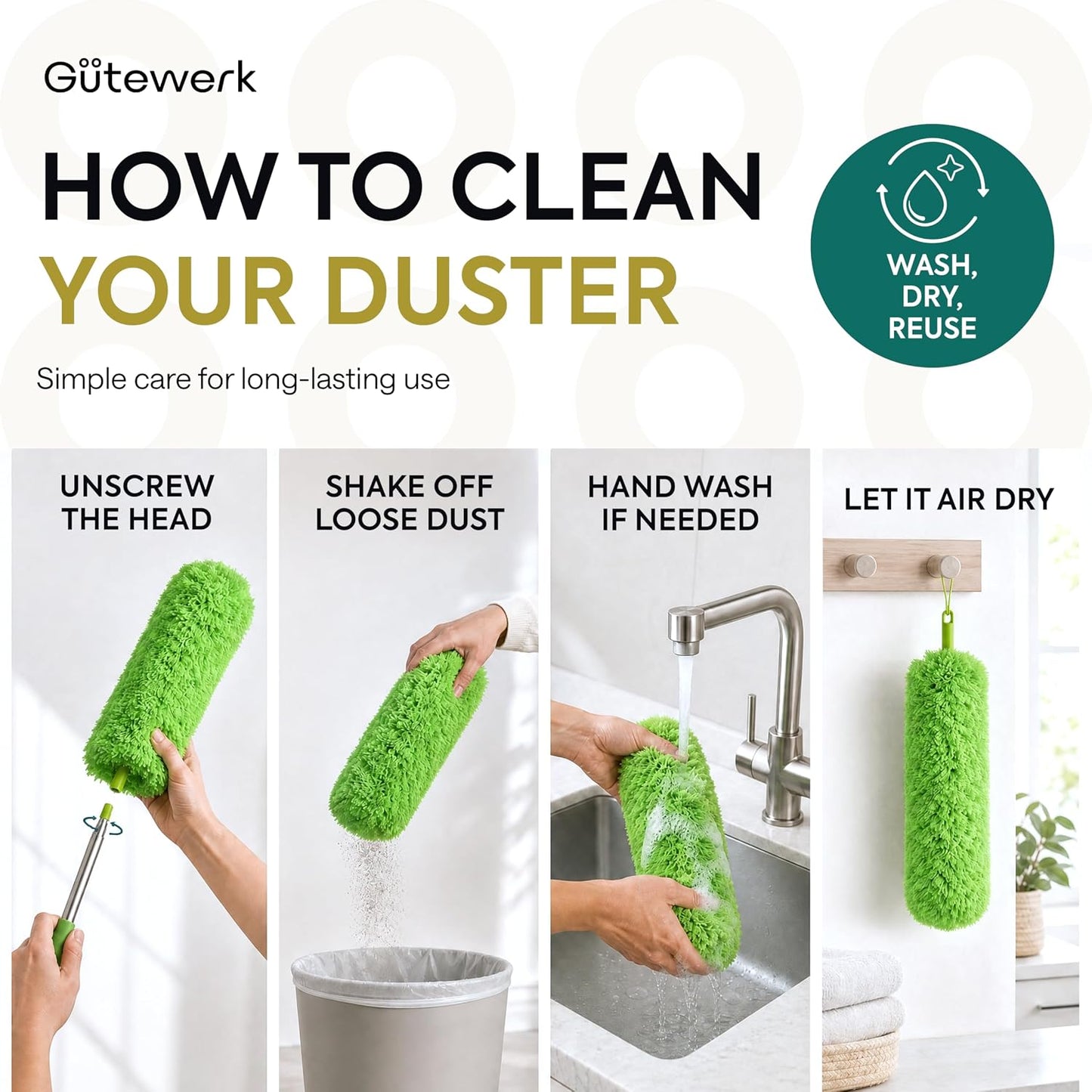 Gütewerk Extendable Microfiber Duster, 55 Inch - Feather Dusters for Cleaning Ceiling Fans, Blinds, Baseboards & High Ceilings - Washable, Electrostatic, 360° Bendable Head, Stainless Steel Pole