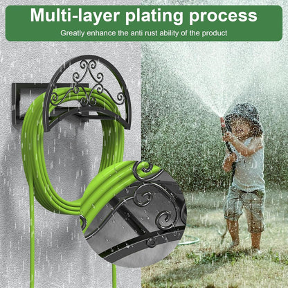 OLV Garden Hose Holder, Heavy Duty Water Hose Holder Wall Mount Holds 125-ft Water Pipe, Decorative Detachable Metal Hose Hanger Storage Organizer Reel Rack for Outside Lawn Yard Farm, Black