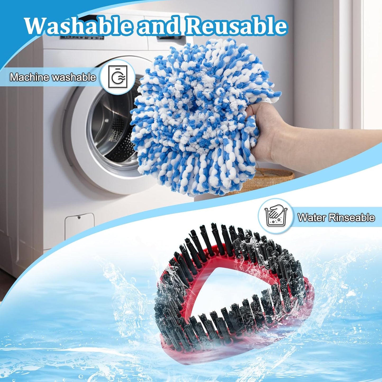 Spin Mop Handle, Mop Heads Replacements,Scrubber Brush and Mop Base Compatible with Ocedar RinseClean 2-Tank System, Mop Handle and Head Replacement Combo Set for Wet Dry Use Floor Cleaning