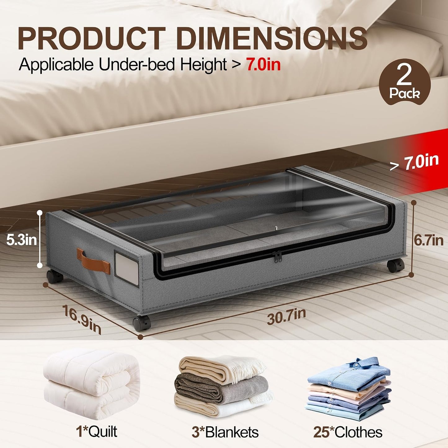 LAMU Under Bed Storage with Wheels, 2 Pack Under Bed Storage Containers with Clear Lid, XXL 60 L Underbed Storage Bins, Rolling Under Bed Metal Drawers for Clothes, Blankets, Shoes, Black