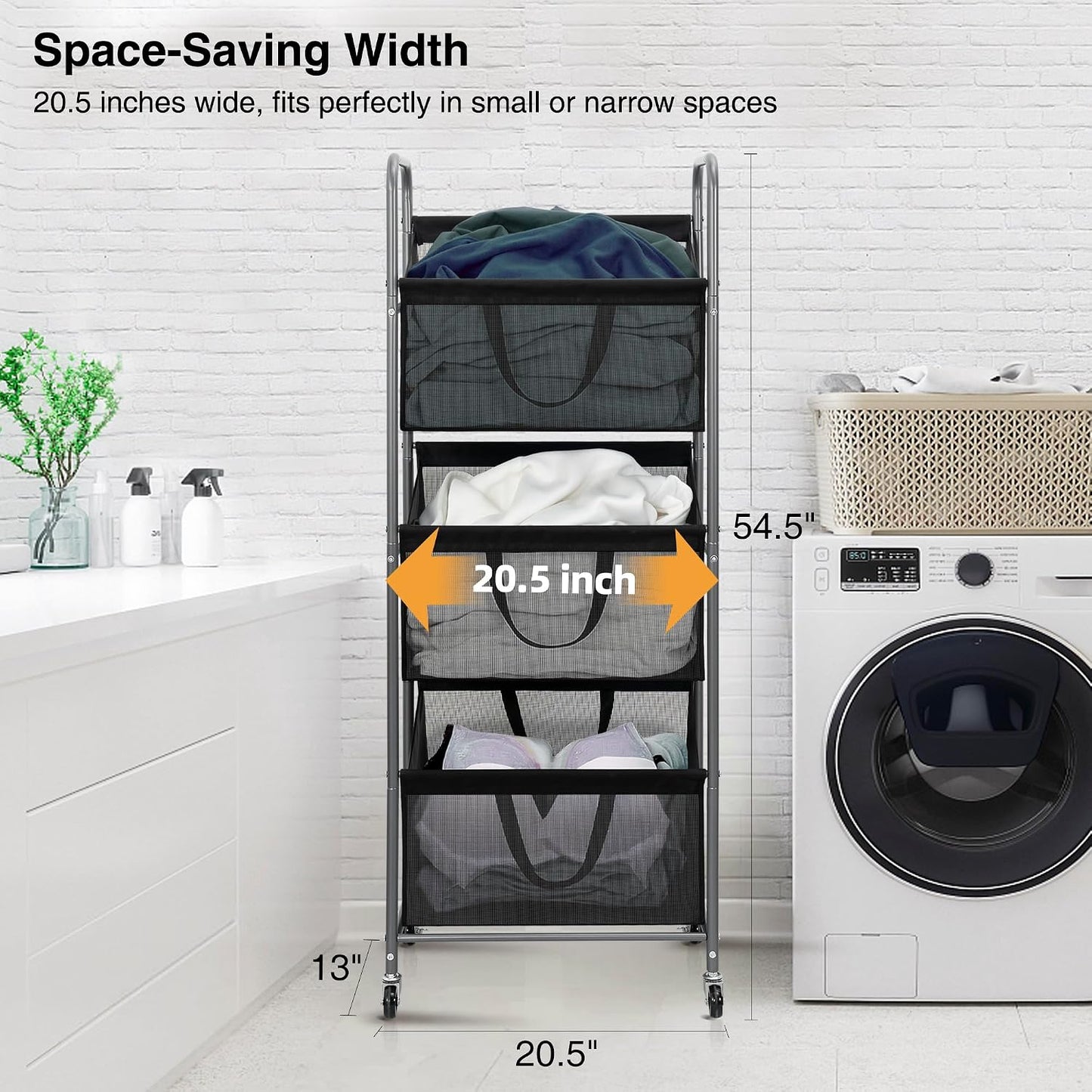 STO STO 3-Tier Vertical Laundry Hamper with Wheels, 120L Rolling Laundry Sorter with 3 Removable Breathable Mesh Bags, Rust-Resistant Steel Frame for Small Spaces, Apartment, Dorm, Black Mesh
