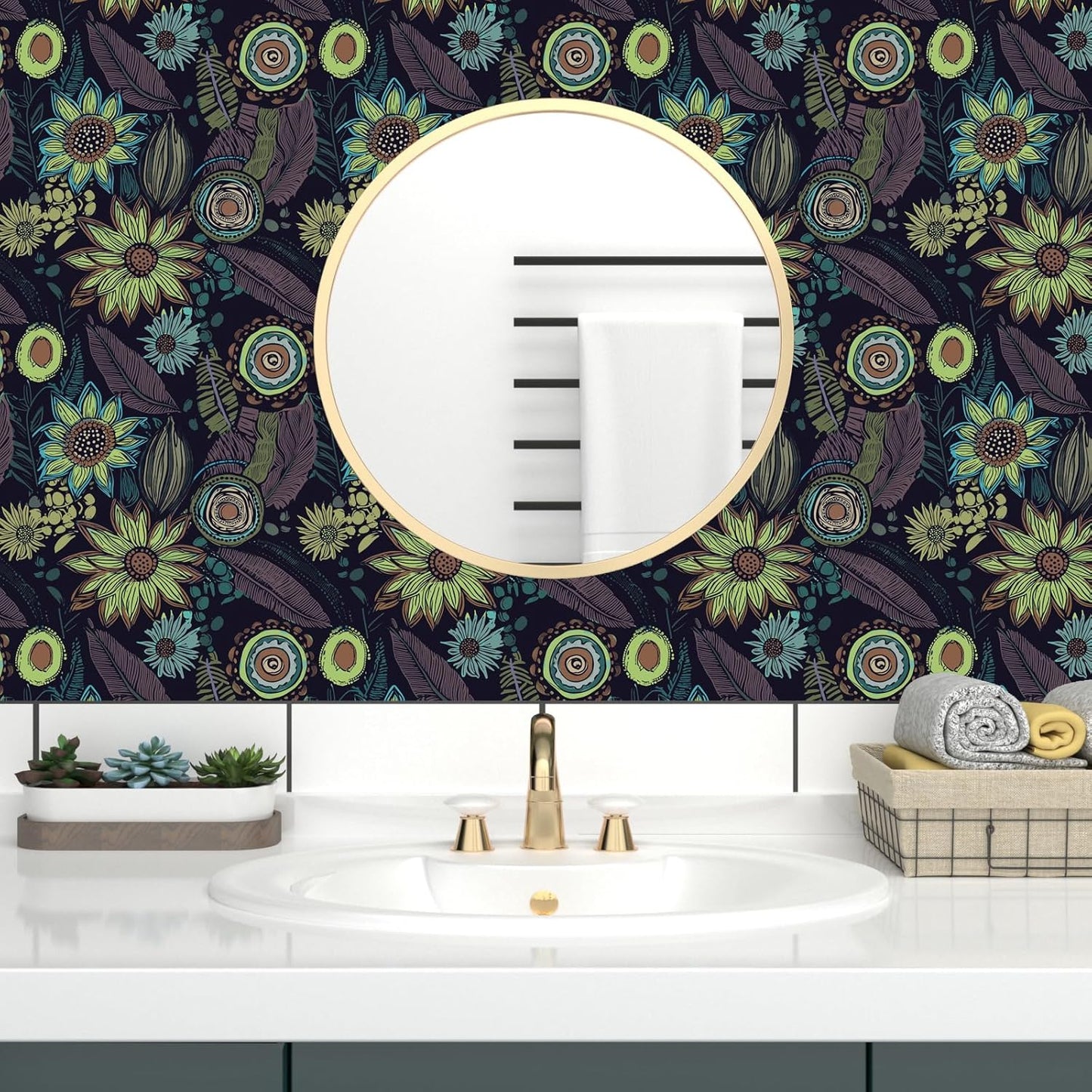 Blue Wallpaper Peel and Stick,Vintage Boho Floral Contact Paper 17.5" x 118", Retro Botanical Flower Wall Paper Self Adhesive Removable Waterproof for Walls Shelves Cabinet Table (Blue,Yellow, Green)