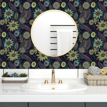 Blue Wallpaper Peel and Stick,Vintage Boho Floral Contact Paper 17.5" x 118", Retro Botanical Flower Wall Paper Self Adhesive Removable Waterproof for Walls Shelves Cabinet Table (Blue,Yellow, Green)