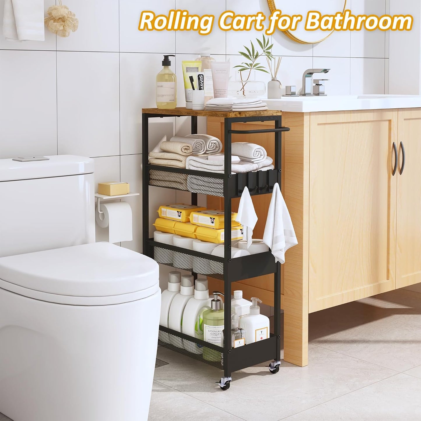 Vincona 7.1" Wide Slim Storage Cart on Wheels, 4 Tier Metal Narrow Rolling Cart with Handle and Wood Top, Multifunctional Small Mobile Shelf Unit Organizer Trolley for Laundry, Bathroom, Kitchen
