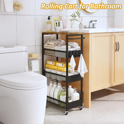 Vincona 7.1" Wide Slim Storage Cart on Wheels, 4 Tier Metal Narrow Rolling Cart with Handle and Wood Top, Multifunctional Small Mobile Shelf Unit Organizer Trolley for Laundry, Bathroom, Kitchen
