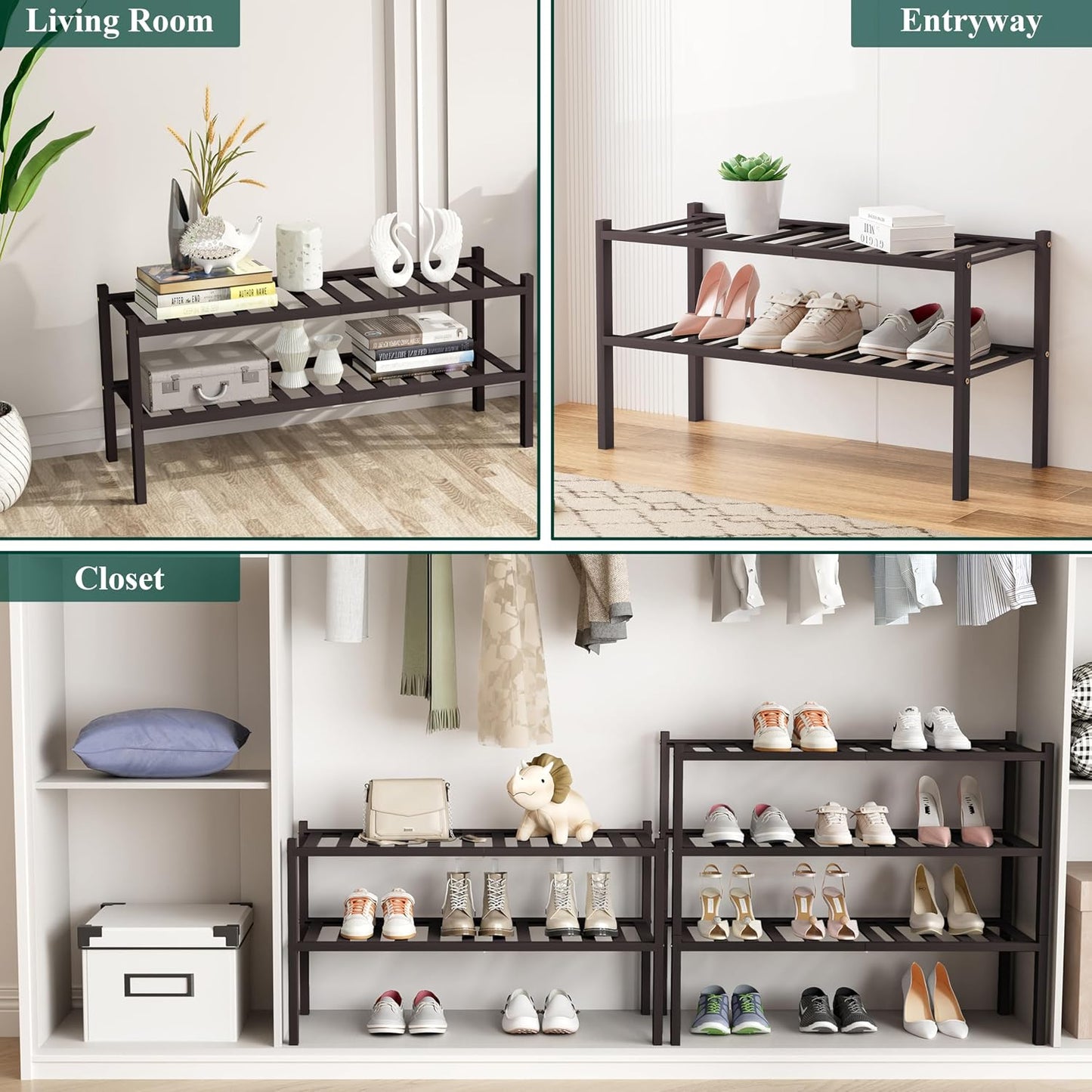 Smiry Bamboo Shoe Rack, 3 Tier Free Standing Wooden Shoe Organizer, Stackable Wood Shoe Storage Shelf for Closet, Entryway, 12 Vertical Slats, 2+1 Stack Standard Legs, 26.8"x11"x19.5", Natural