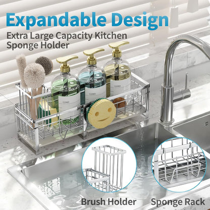 Aurblozen Extra Large Extendable Sponge Holder for Kitchen Sink, Rustproof Sink Caddy Organizer with High Brush Holder, Dish Soap Dispenser Organizers and Storage (Black)