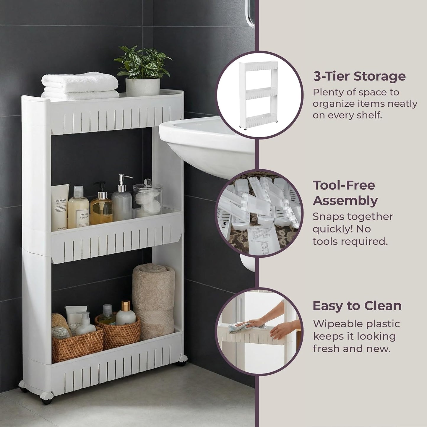Slim Rolling Storage Cart - 5-Tier Utility Cart with Wheels for Bathroom, Kitchen, and Laundry Room - Bathroom Shelves by Lavish Home (White)