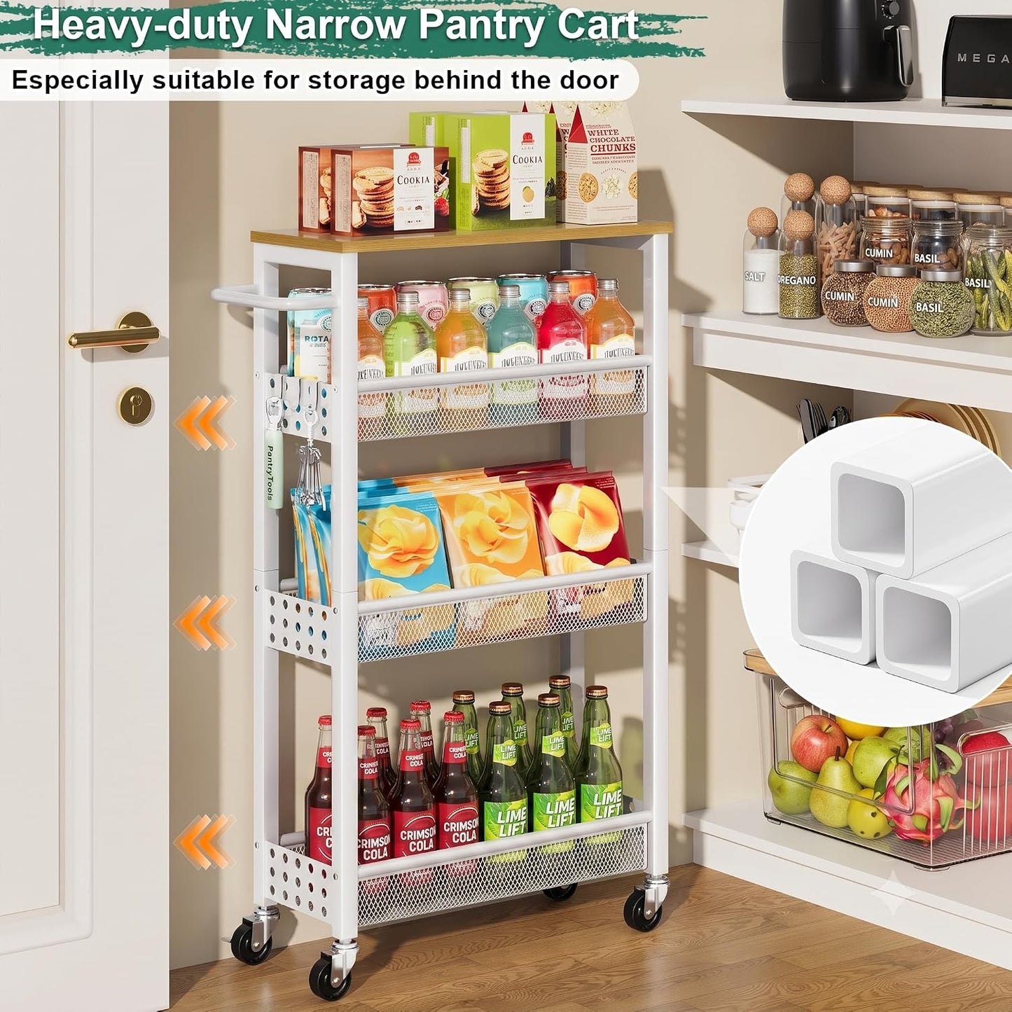 Utility Slim Storage Cart, 4-Tier Narrow Bathroom Organizers and Storage Cart, Narrow Metal Kitchen Laundry Room Organization Shelf with Wood Top, Slim Rolling Carts with Wheels for Small Space
