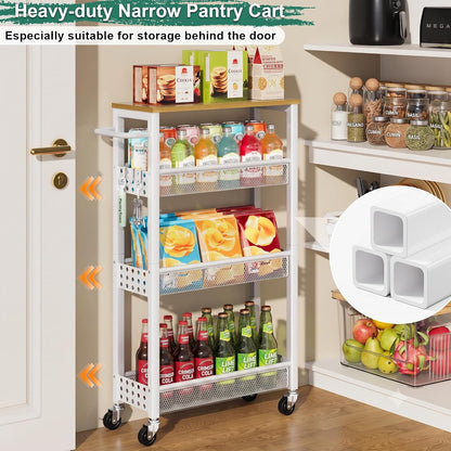 Utility Slim Storage Cart, 4-Tier Narrow Bathroom Organizers and Storage Cart, Narrow Metal Kitchen Laundry Room Organization Shelf with Wood Top, Slim Rolling Carts with Wheels for Small Space